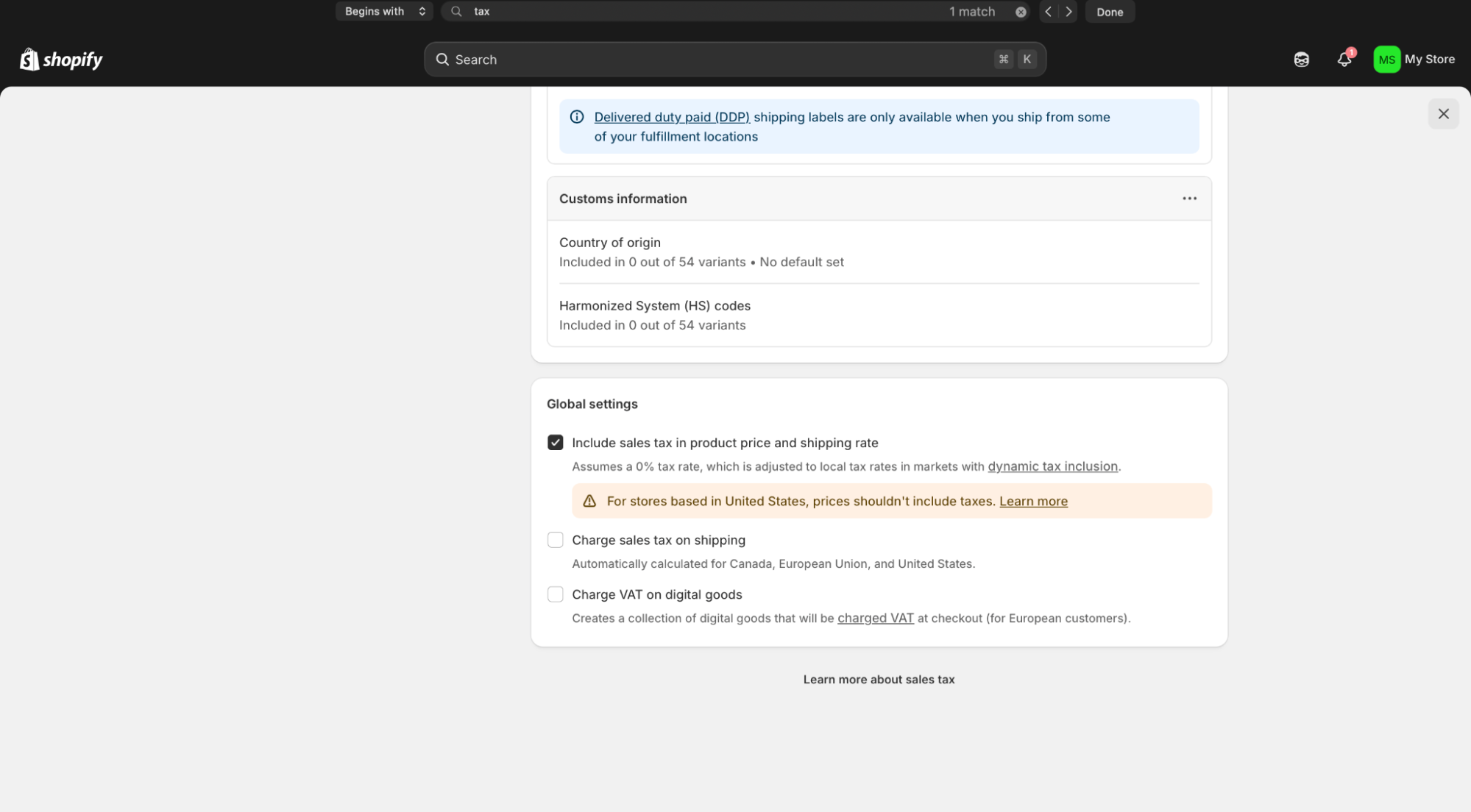 Shopify Settings Product tax toggle