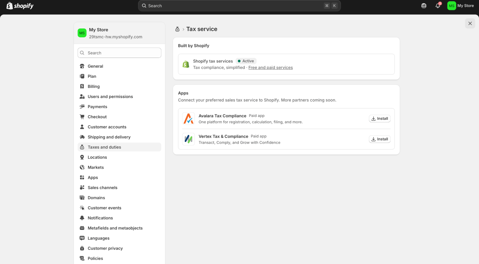Shopify Settings Tax service page