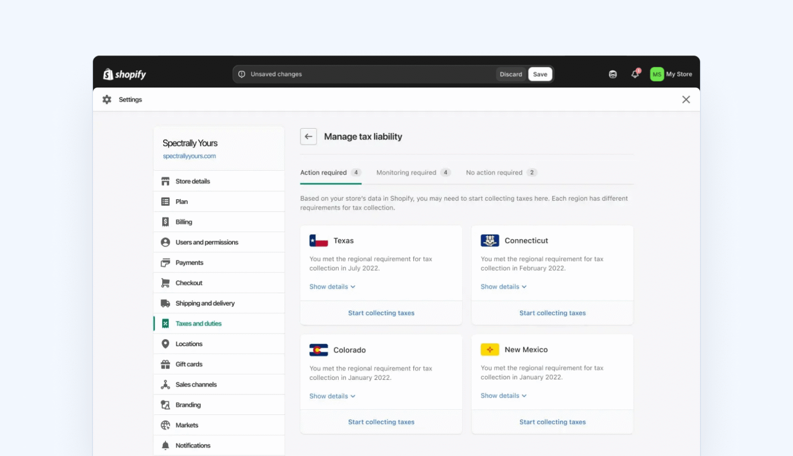 Shopify sales tax liability insights dashboard