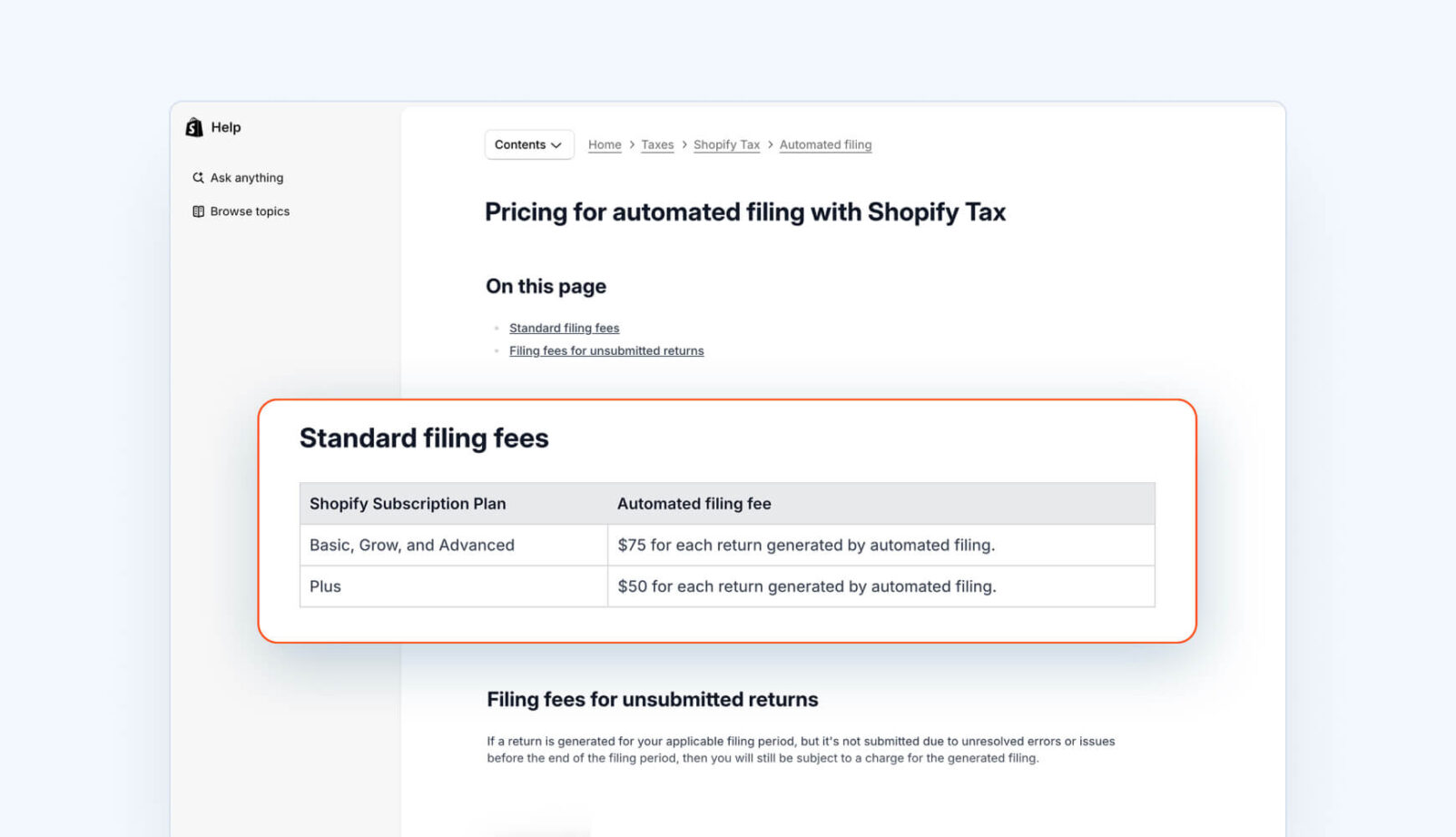 Pricing for automated filing with Shopify Tax