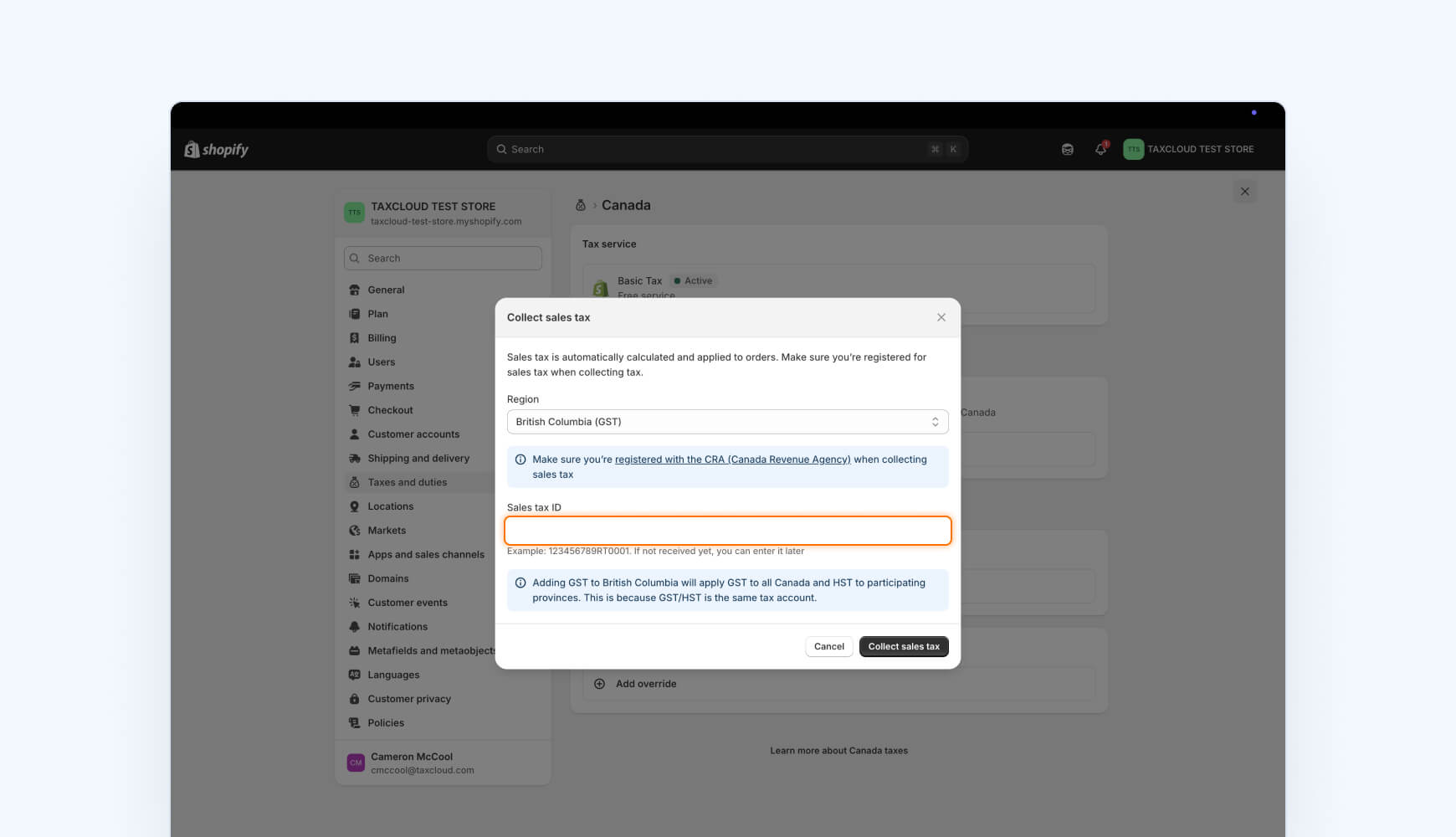 How to set up Canada sales tax in Shopify