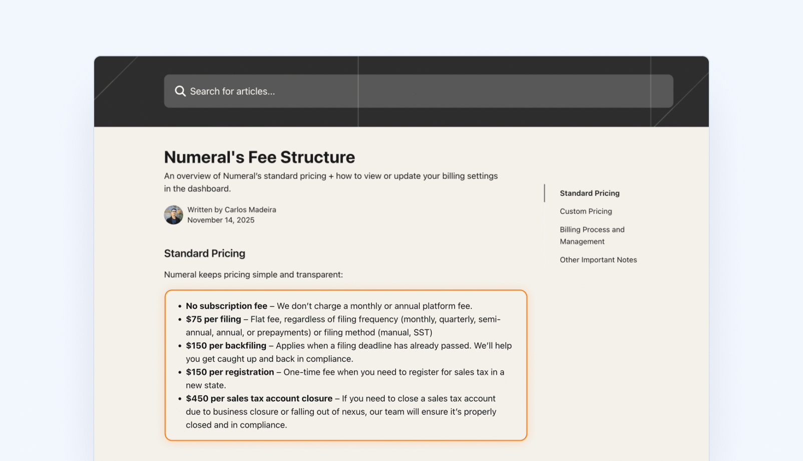 Numeral sales tax Fee Structure