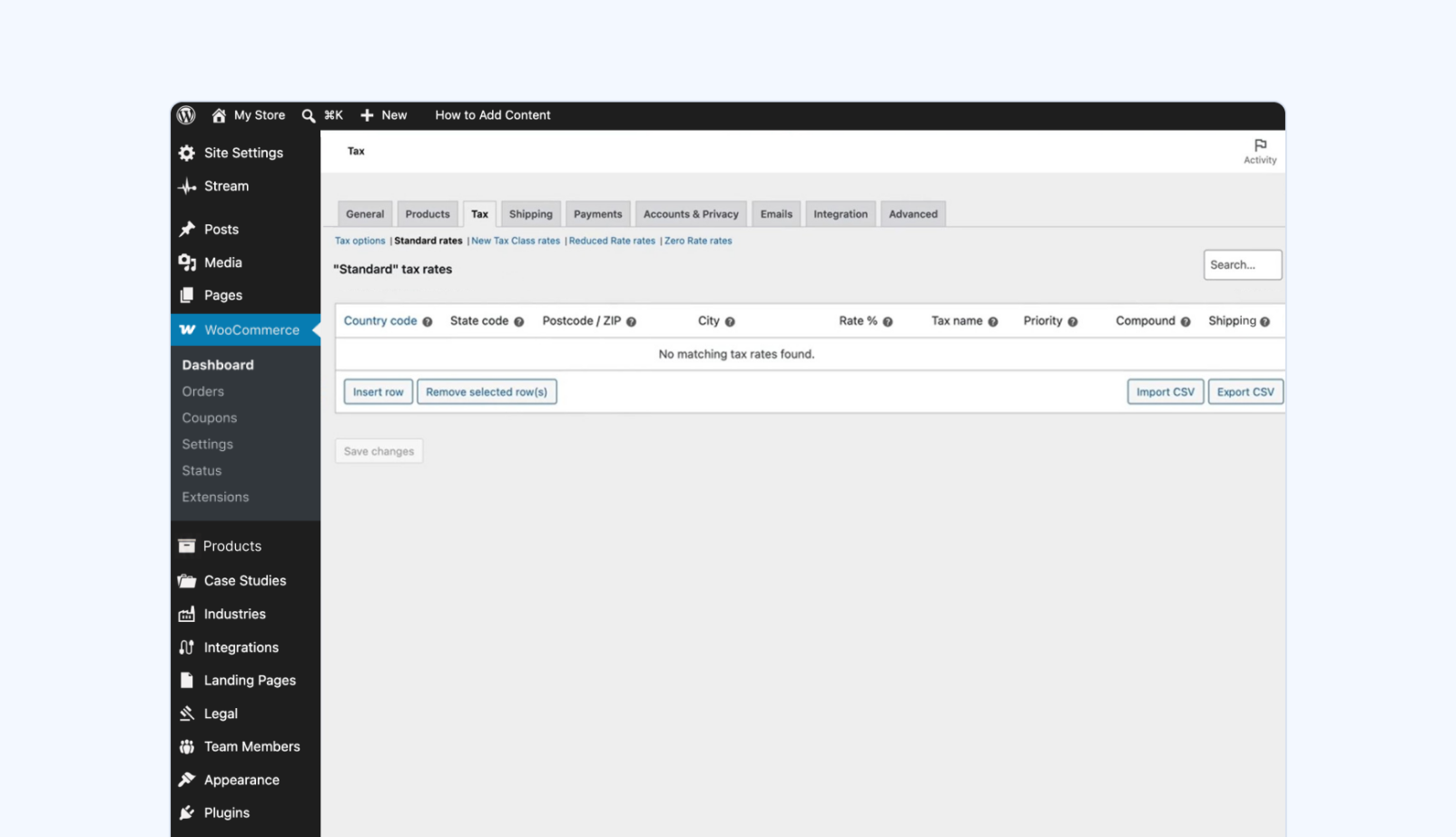 Import CSV of Tax Rates in Woo settings