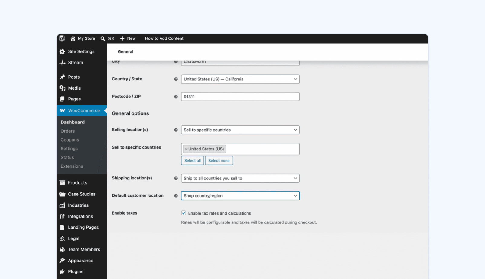 WooCommerce enable tax rates and calculations box