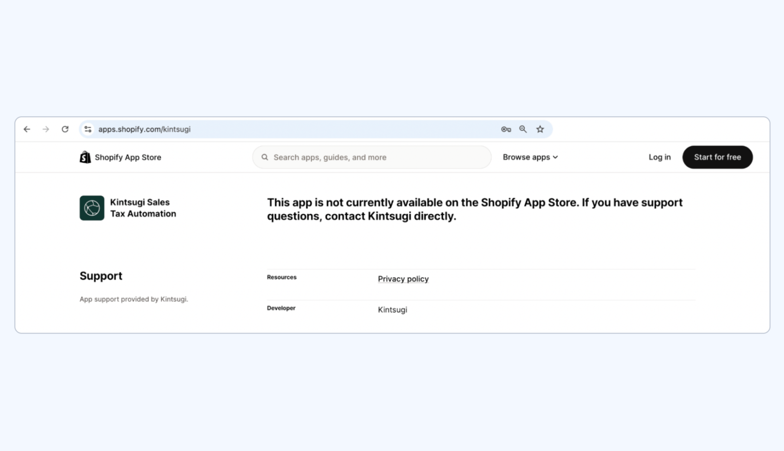 kintsugi sales tax is not available on shopify