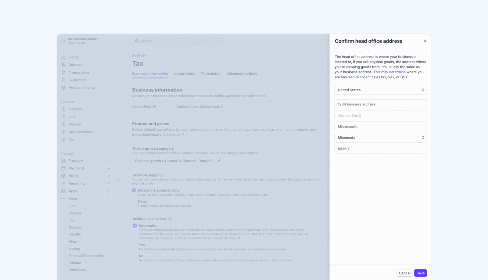 Enable Stripe Tax and confirm your head-office information