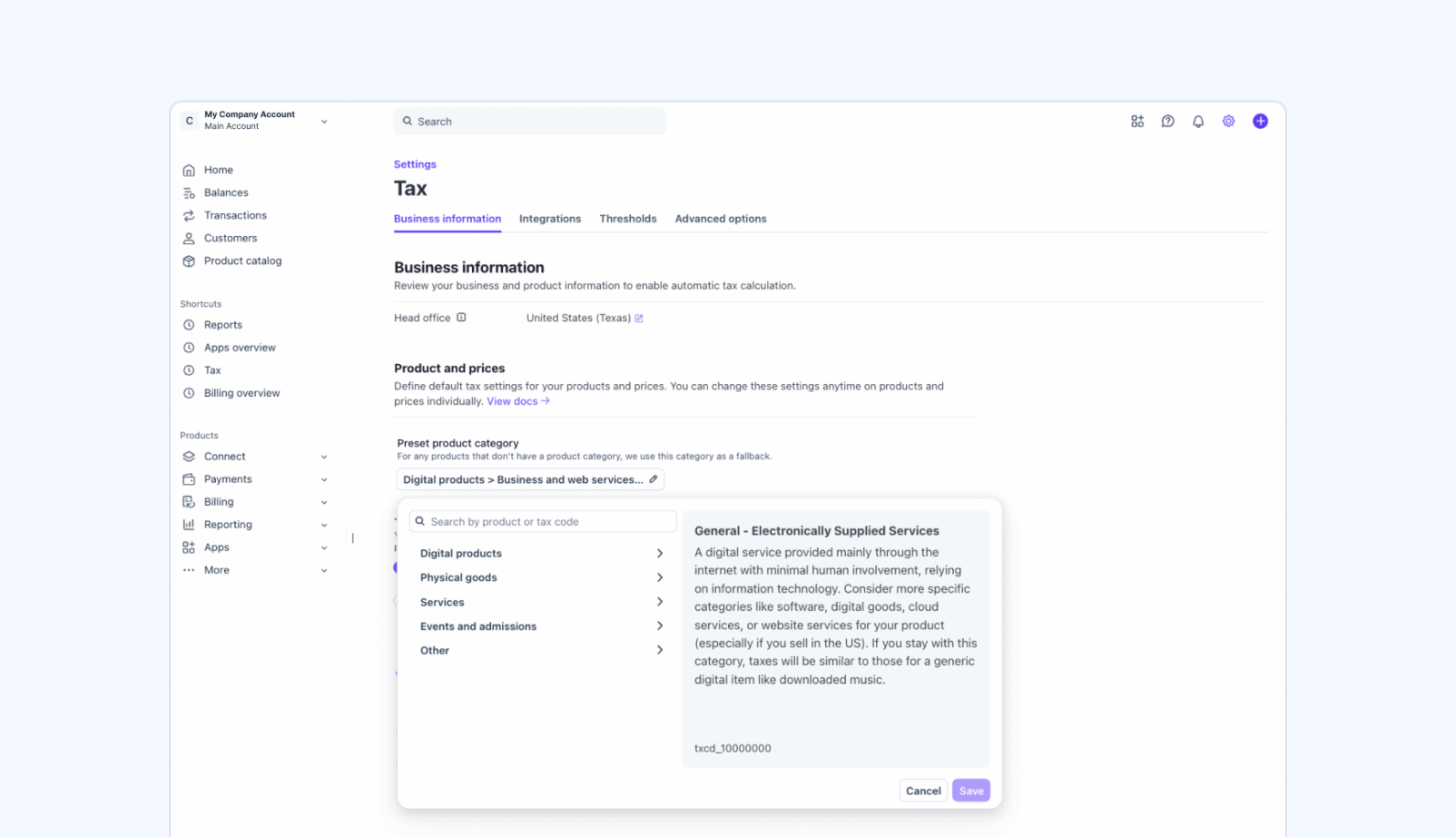 Stripe Tax tax code settings